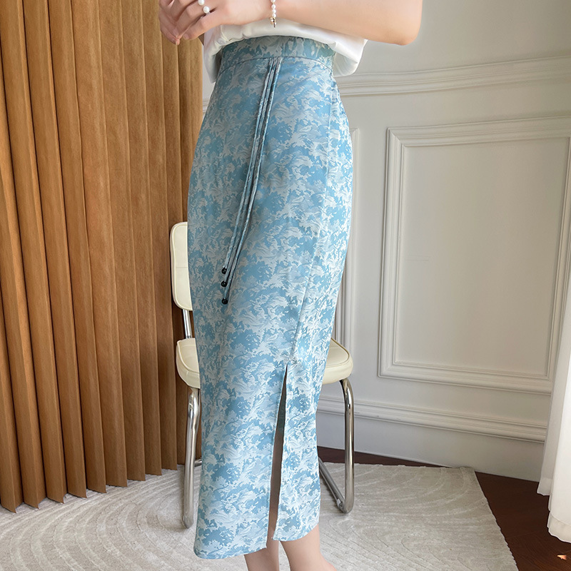 新中式國潮風緞面印花包臀魚尾半身裙（5色）