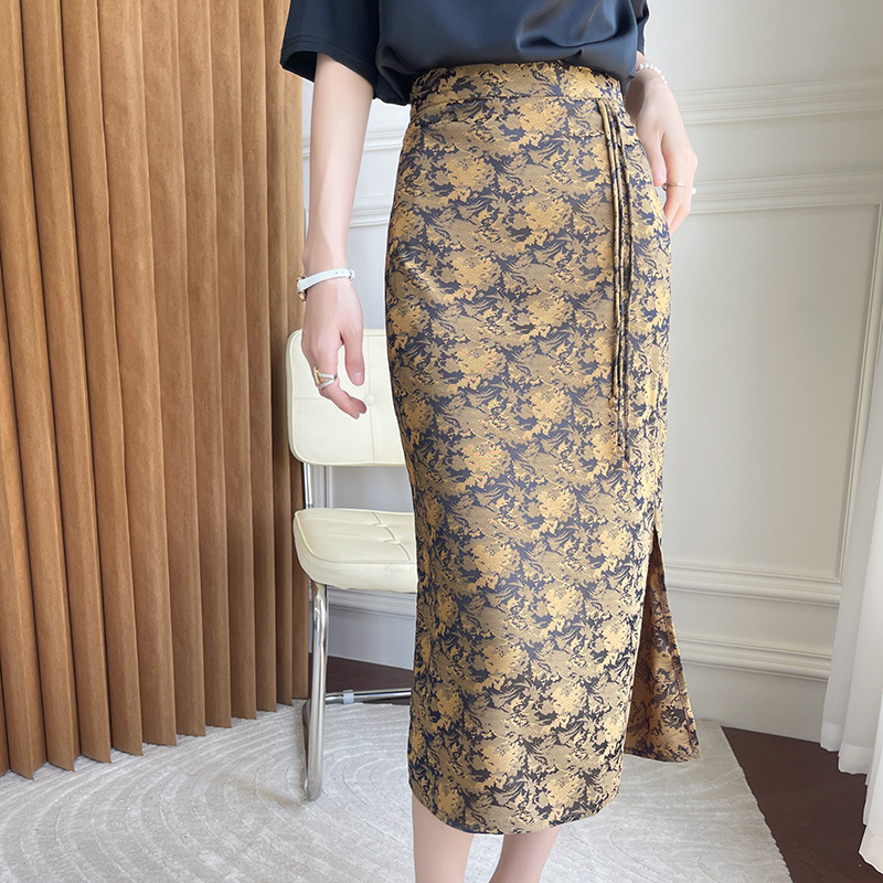 新中式國潮風緞面印花包臀魚尾半身裙（5色）