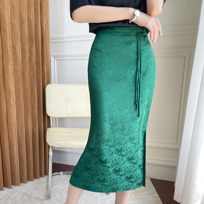 新中式國潮風緞面印花包臀魚尾半身裙（5色）