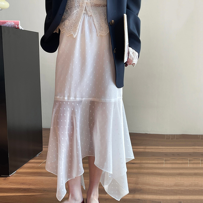 韓系氛圍感白色波點不規則紗裙