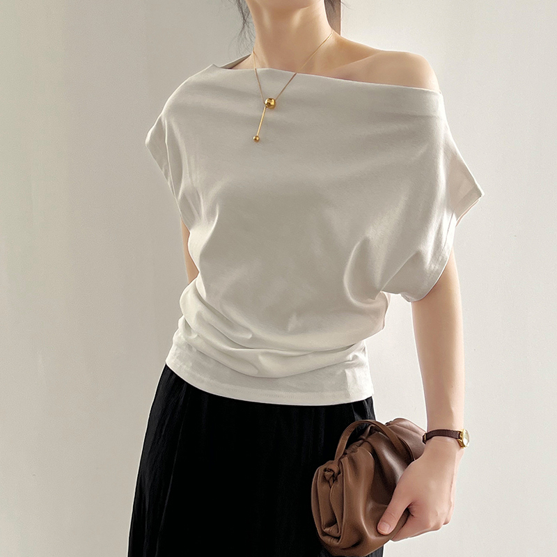 法式一字領設計感褶皺收腰短袖T卹