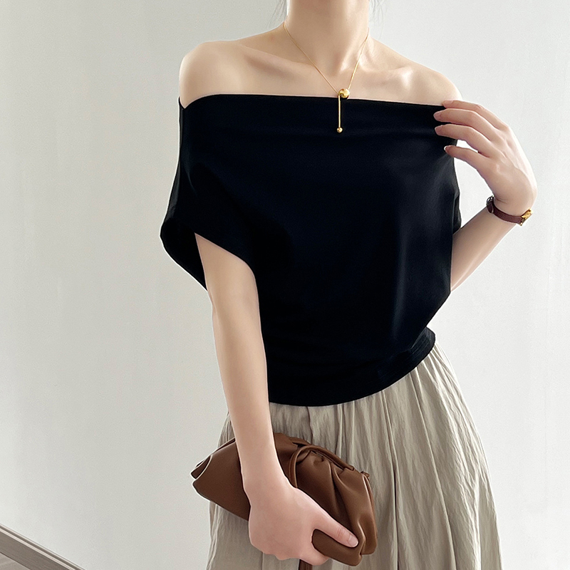 法式一字領設計感褶皺收腰短袖T卹