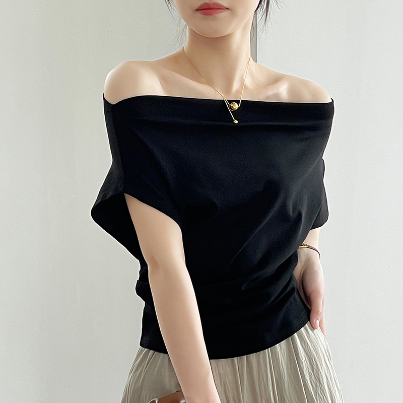 法式一字領設計感褶皺收腰短袖T卹