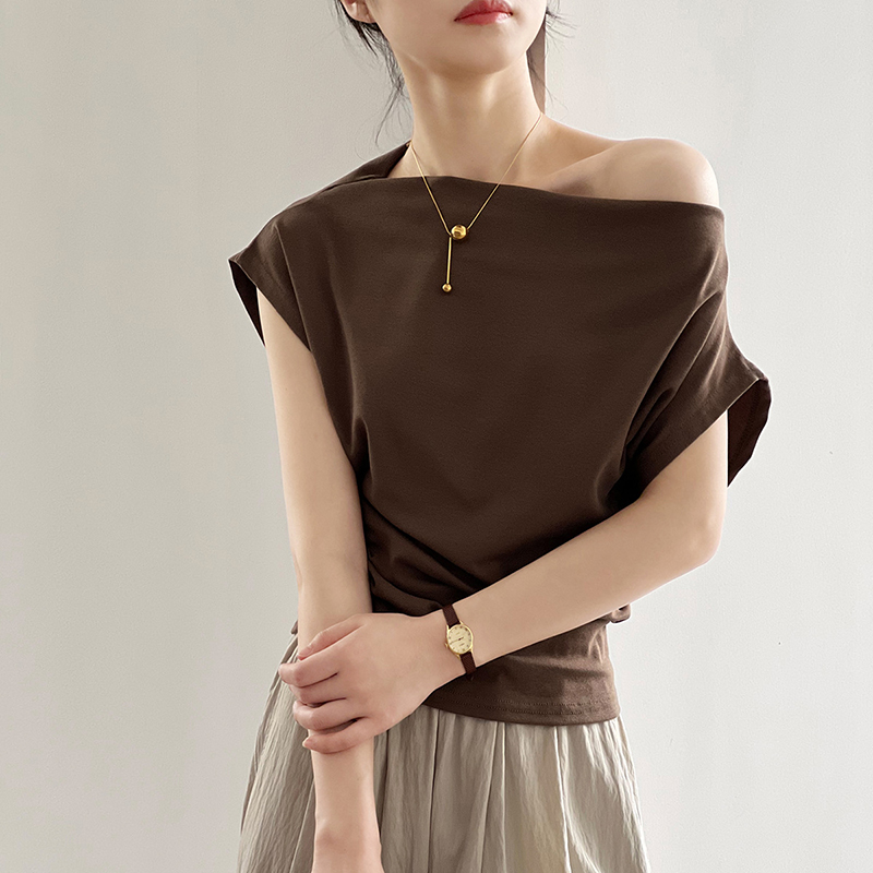 法式一字領設計感褶皺收腰短袖T卹