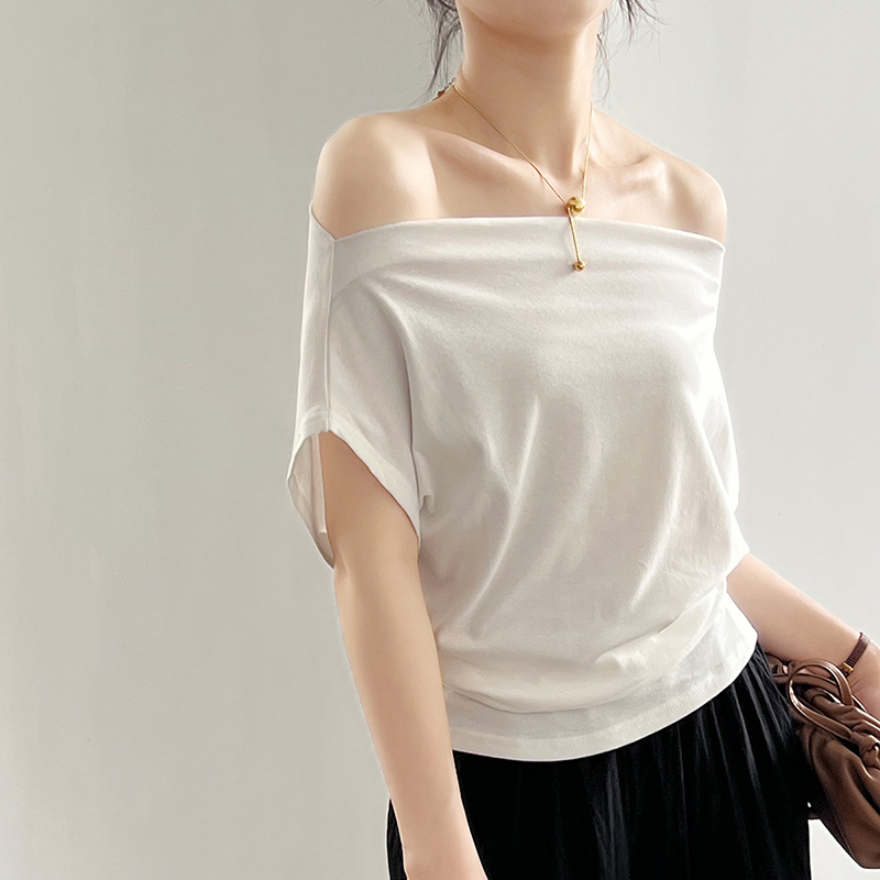 法式一字領設計感褶皺收腰短袖T卹