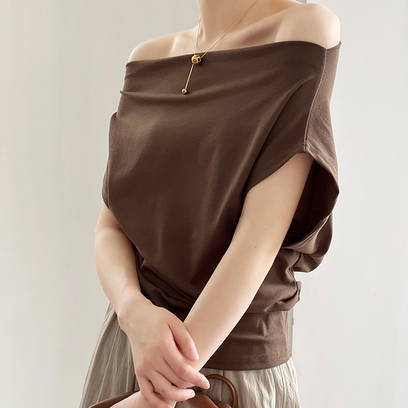 法式一字領設計感褶皺收腰短袖T卹