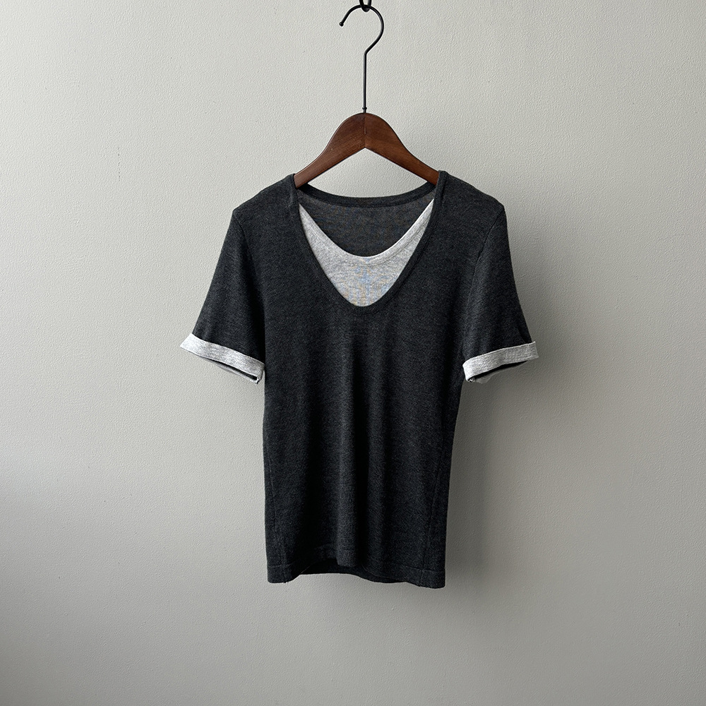 通勤慵懶風假兩件針織衫短袖T卹(4色)