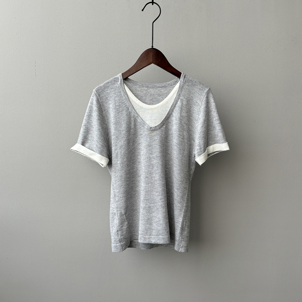 通勤慵懶風假兩件針織衫短袖T卹(4色)