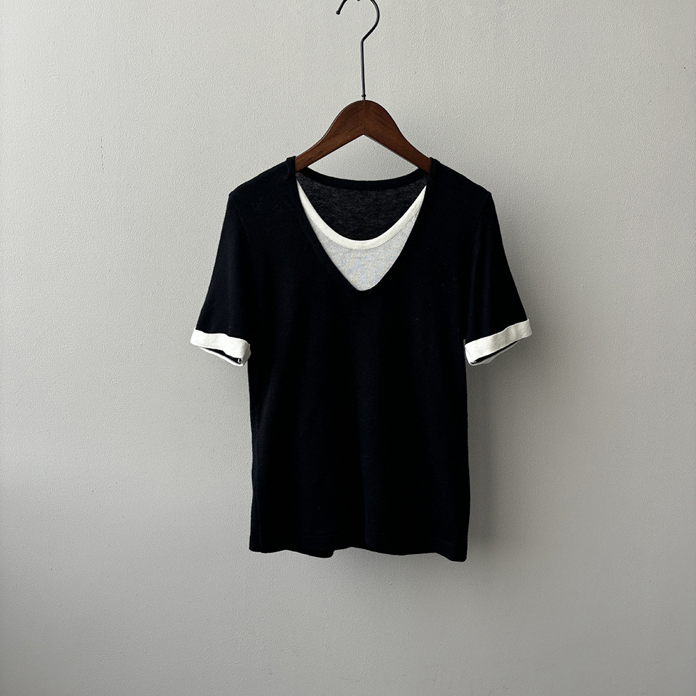 通勤慵懶風假兩件針織衫短袖T卹(4色)