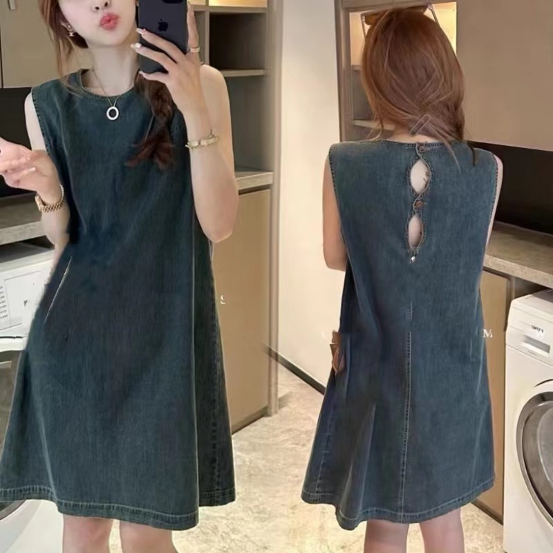 韓系減齡復古無袖牛仔連身裙