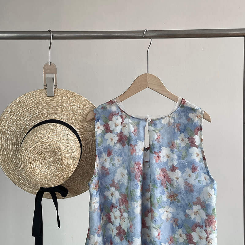 韓系絕美度假風印花背心洋裝