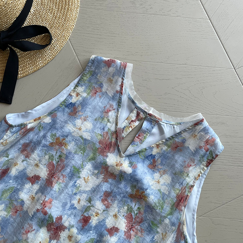 韓系絕美度假風印花背心洋裝
