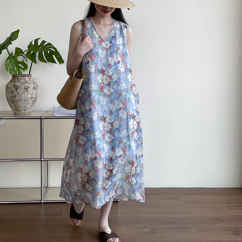 韓系絕美度假風印花背心洋裝