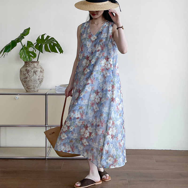 韓系絕美度假風印花背心洋裝