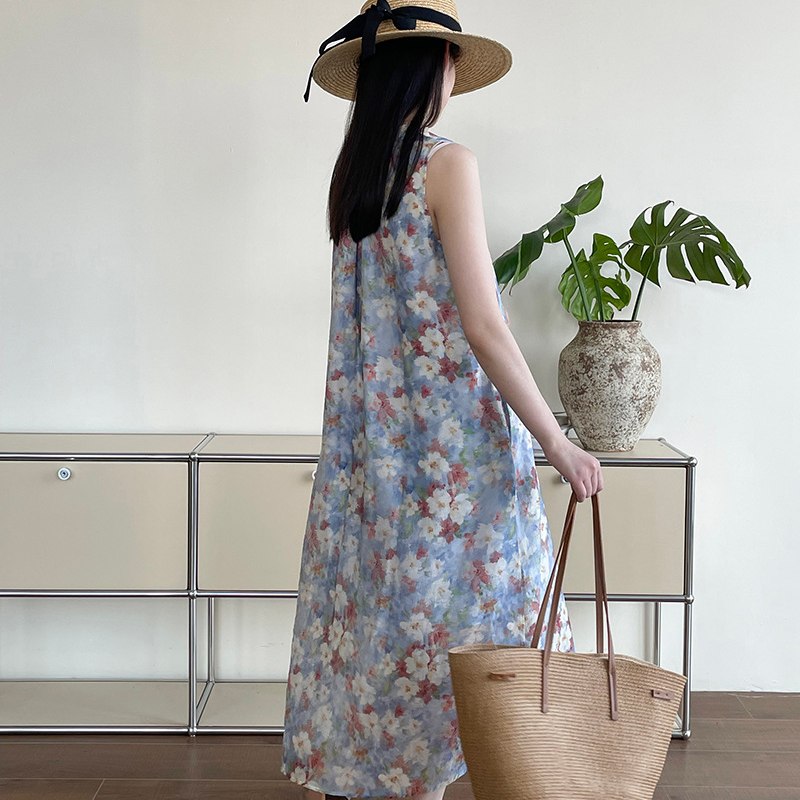 韓系絕美度假風印花背心洋裝