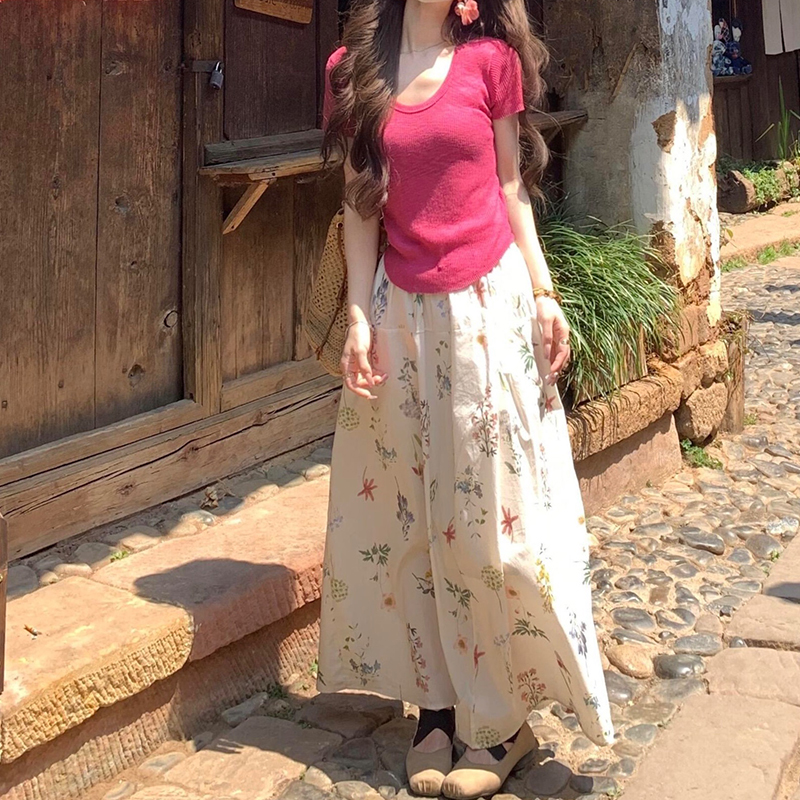 氣質溫柔風玫紅色上衣+半身裙兩件套裝