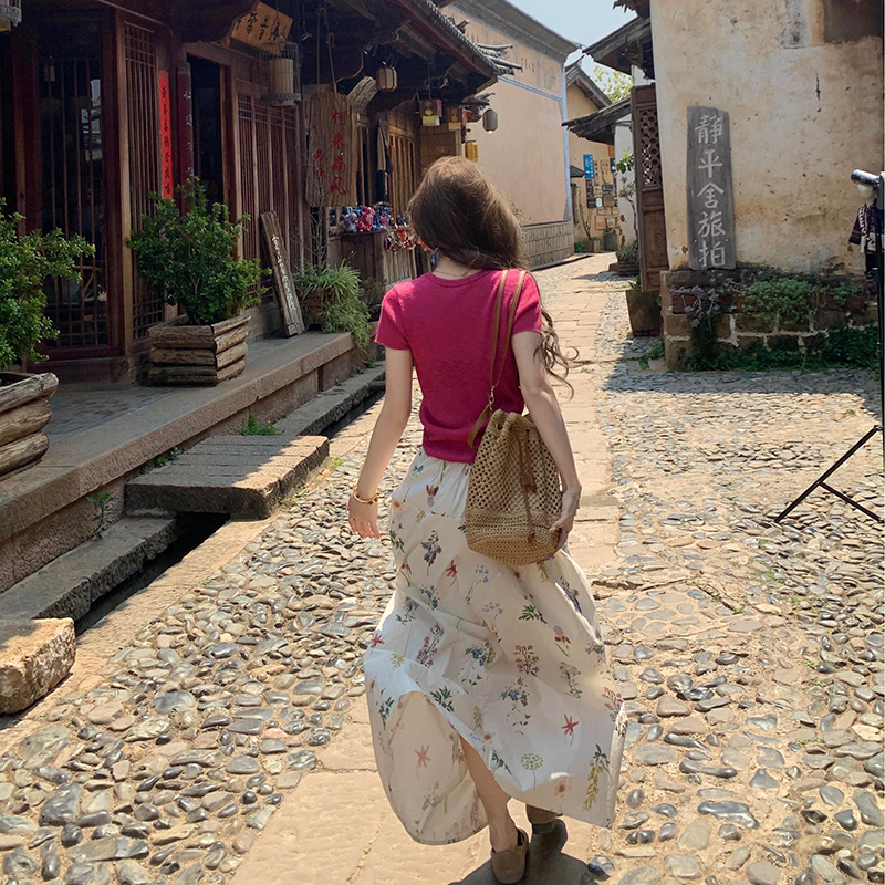 氣質溫柔風玫紅色上衣+半身裙兩件套裝