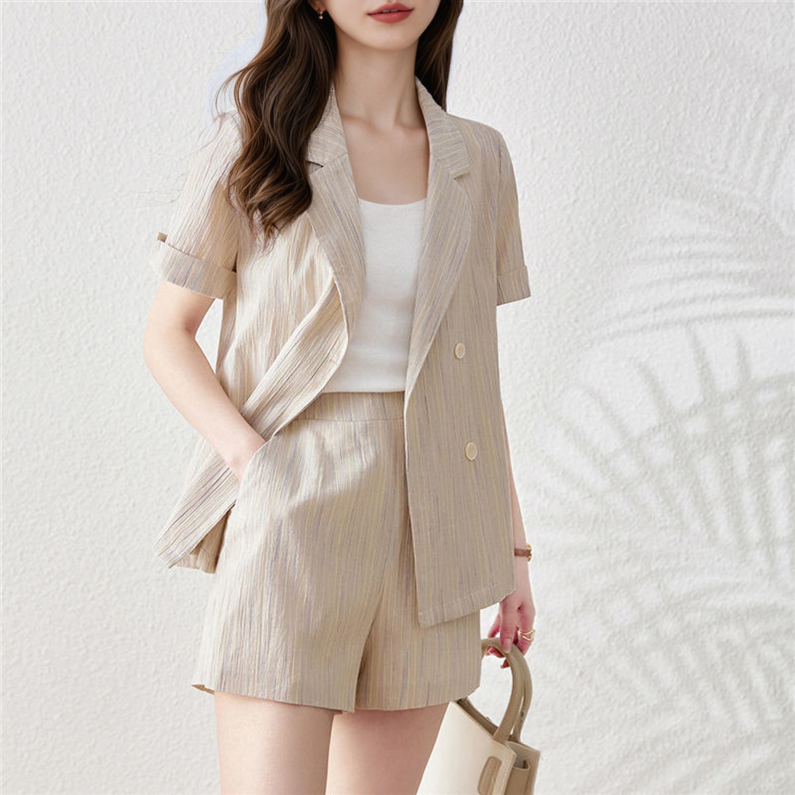 純色簡約通勤襯衫短褲三件套