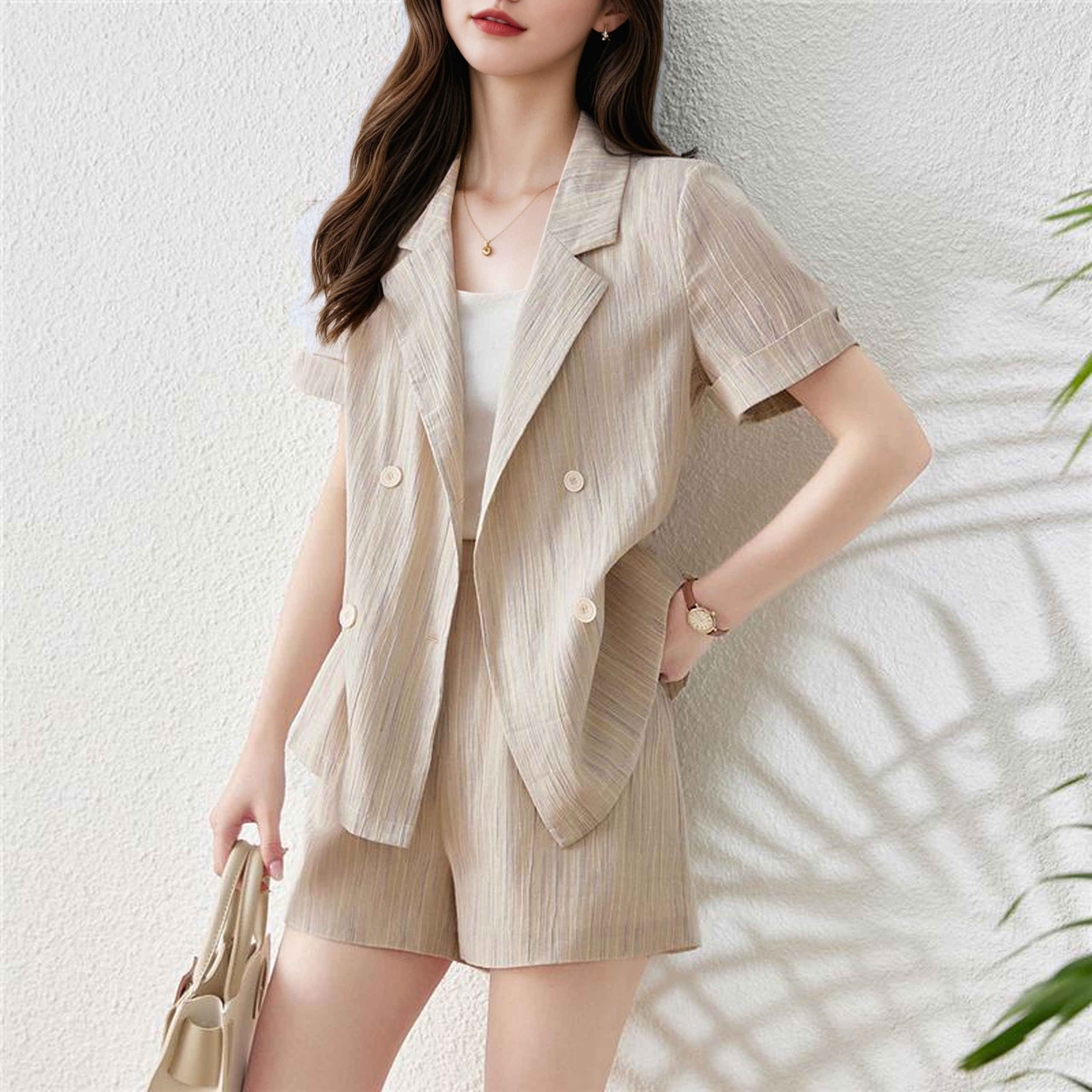 純色簡約通勤襯衫短褲三件套