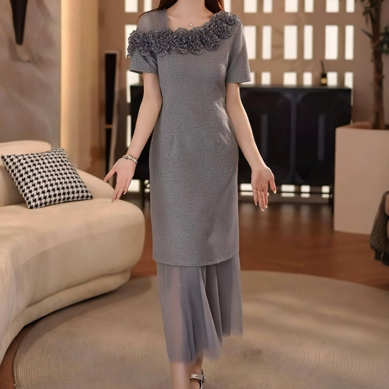 韓系時尚減齡立體花朵t卹裙+網紗裙兩件套