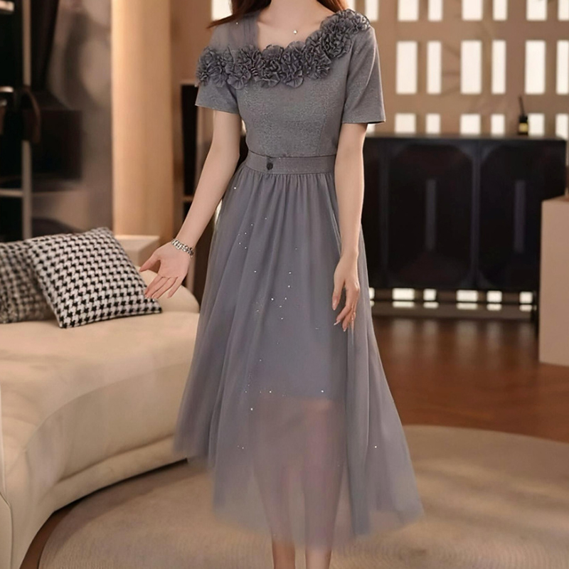 韓系時尚減齡立體花朵t卹裙+網紗裙兩件套