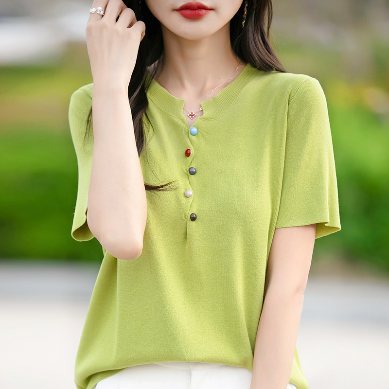 設計感多彩羈扣針織短袖T卹(5色)