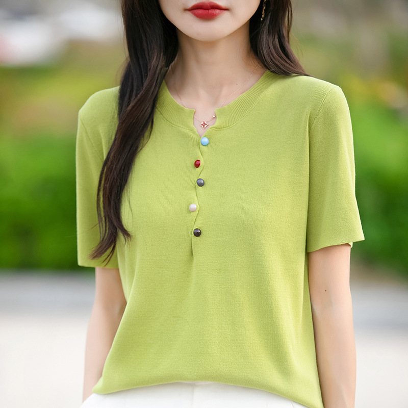 設計感多彩羈扣針織短袖T卹(5色)