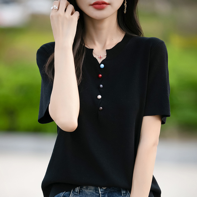 設計感多彩羈扣針織短袖T卹(5色)