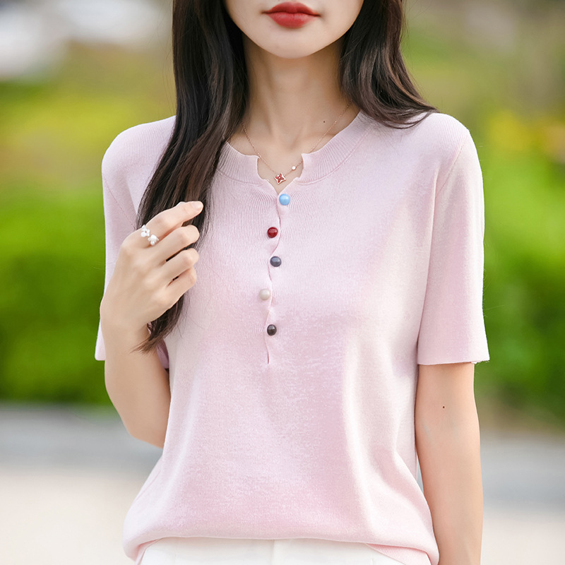 設計感多彩羈扣針織短袖T卹(5色)