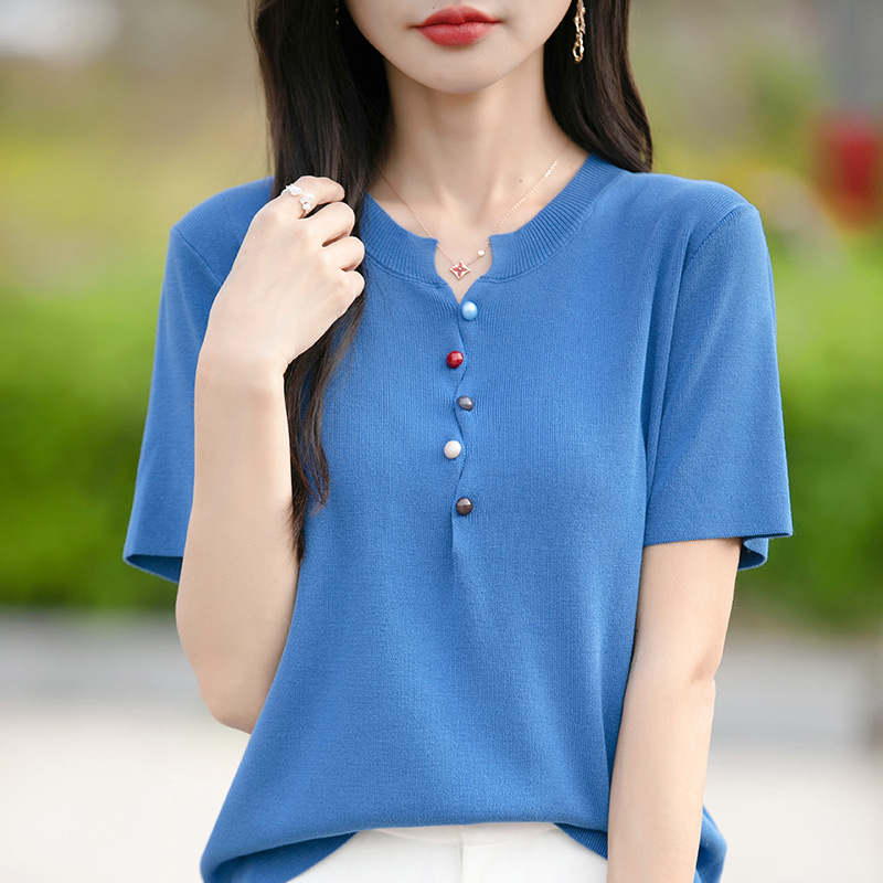 設計感多彩羈扣針織短袖T卹(5色)