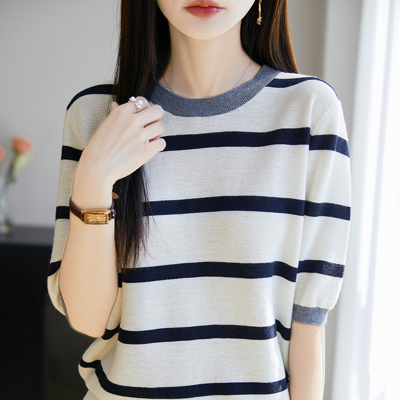 韓系減齡撞色條紋短袖針織衫(4色)