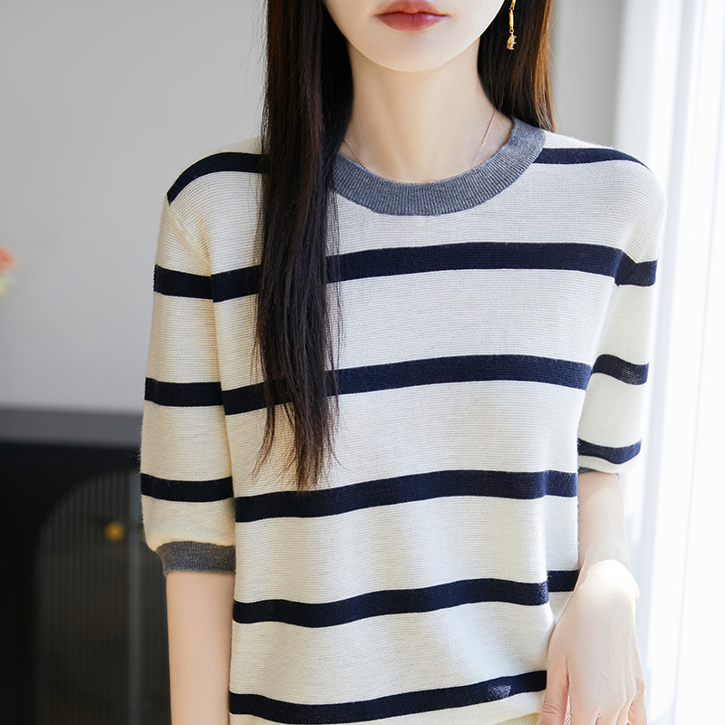 韓系減齡撞色條紋短袖針織衫(4色)