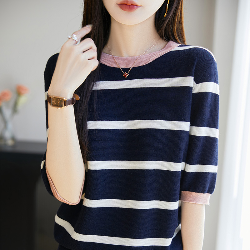 韓系減齡撞色條紋短袖針織衫(4色)