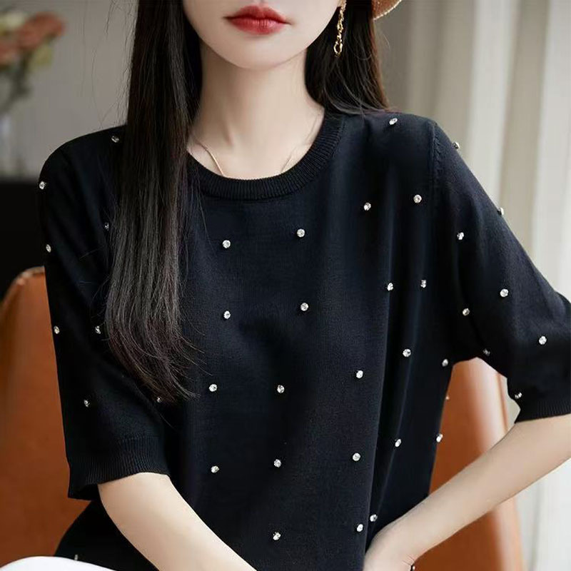 設計感釘珠純色短袖針織t卹（3色）