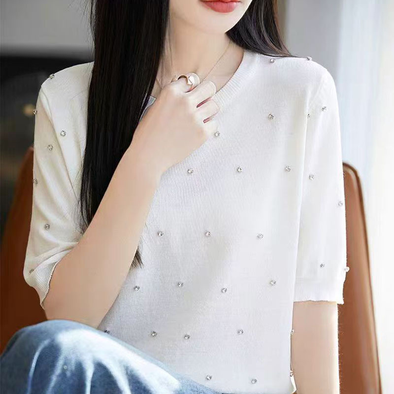 設計感釘珠純色短袖針織t卹（3色）