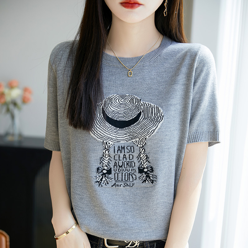 寬鬆休閒時尚提花針織短袖T卹