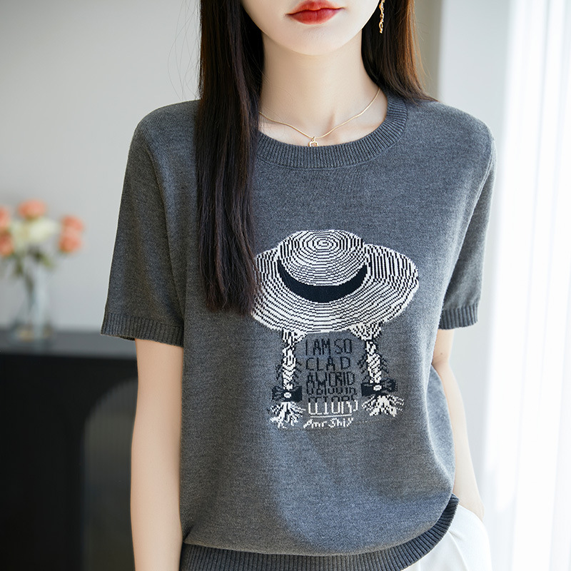 寬鬆休閒時尚提花針織短袖T卹