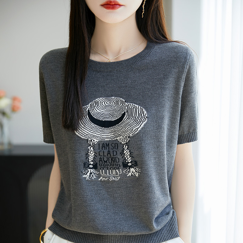 寬鬆休閒時尚提花針織短袖T卹