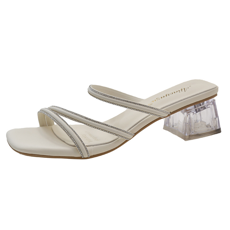 韓系氣質款透明粗跟水晶涼拖鞋