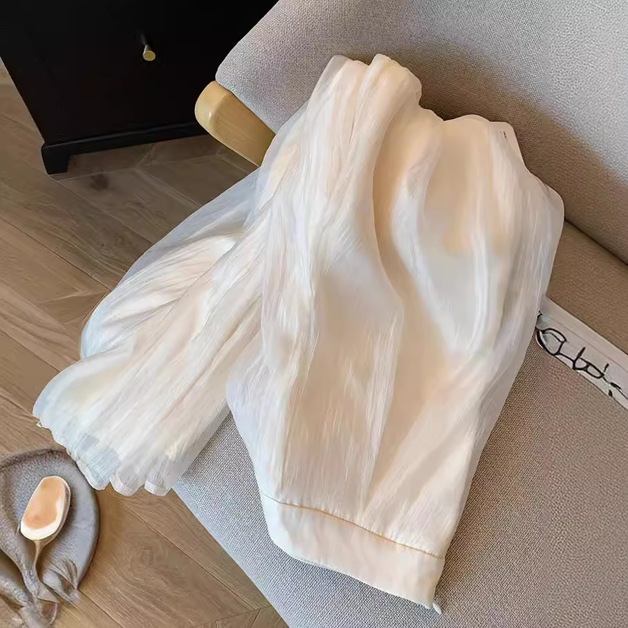 高級感復古杏色網紗休閒闊腿褲