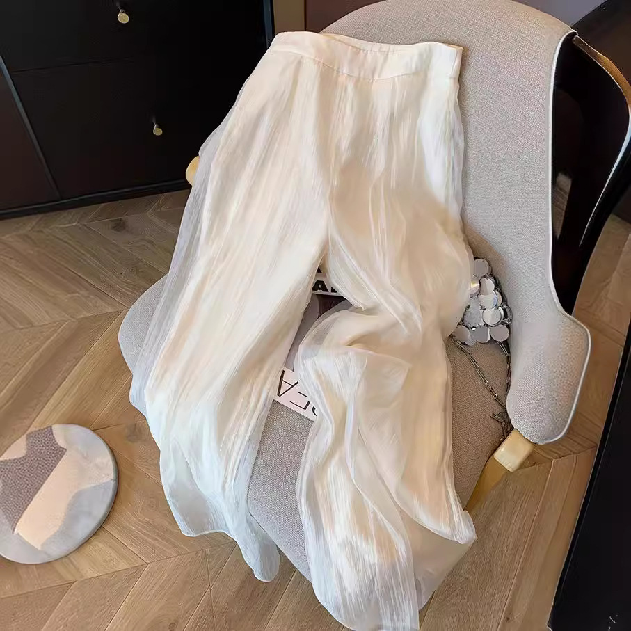 高級感復古杏色網紗休閒闊腿褲