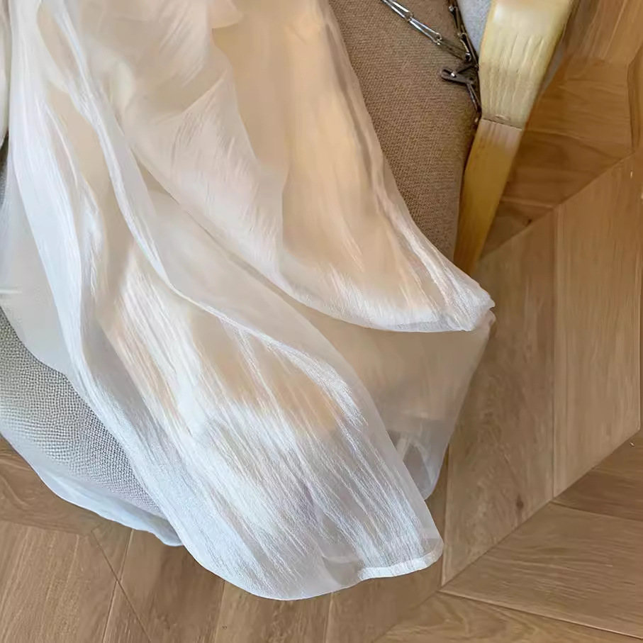 高級感復古杏色網紗休閒闊腿褲