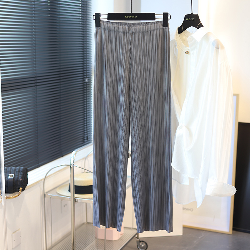 高腰垂感褶皺薄款九分寬褲