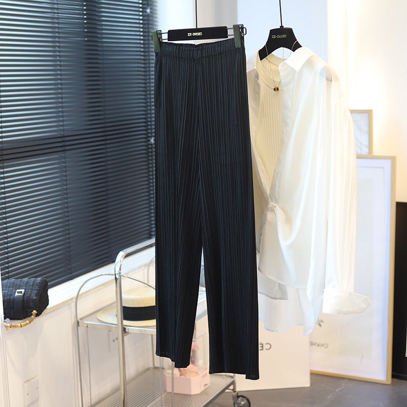 高腰垂感褶皺薄款九分寬褲