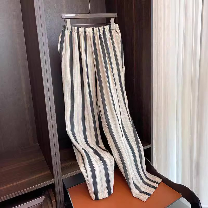 亞麻垂感條紋直筒休閒拖地涼涼褲