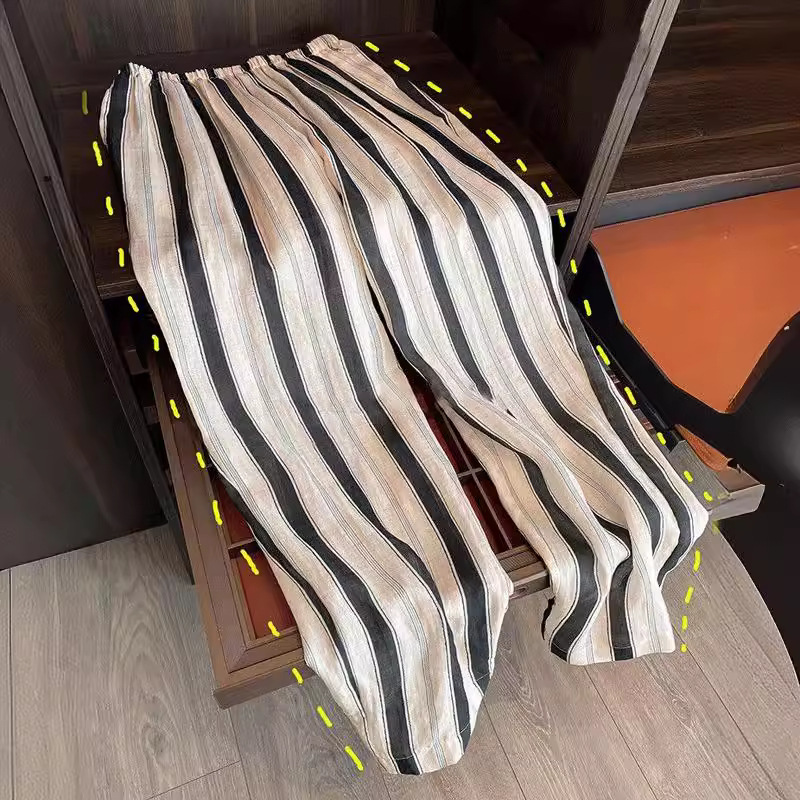 亞麻垂感條紋直筒休閒拖地涼涼褲