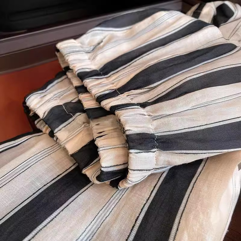 亞麻垂感條紋直筒休閒拖地涼涼褲