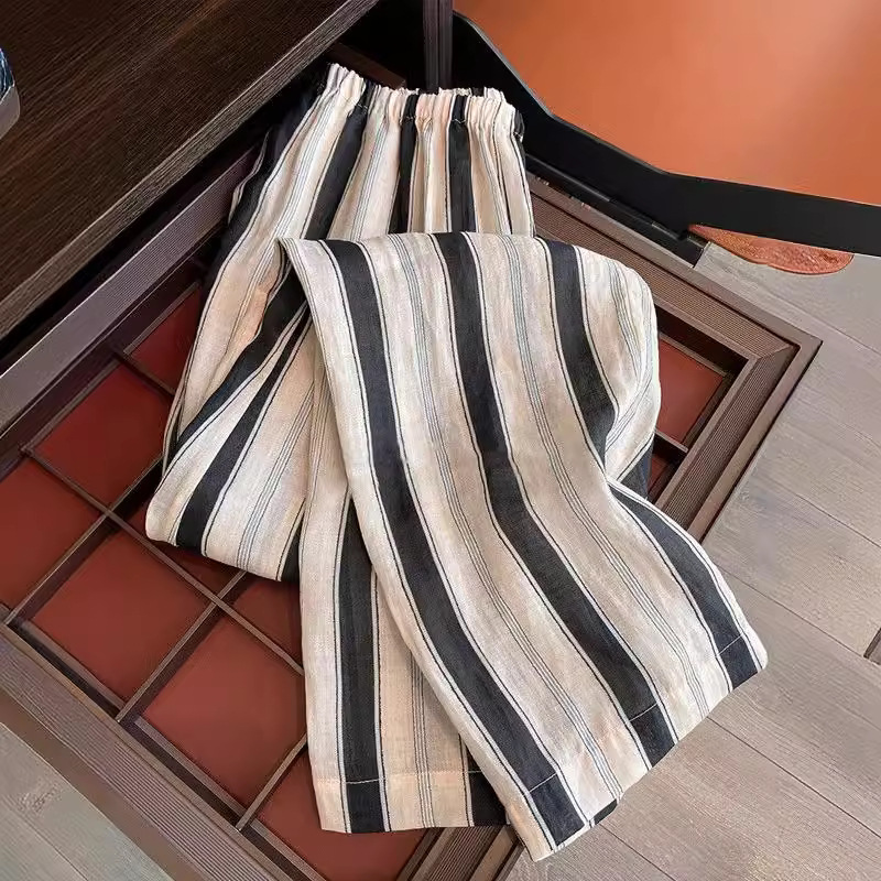 亞麻垂感條紋直筒休閒拖地涼涼褲