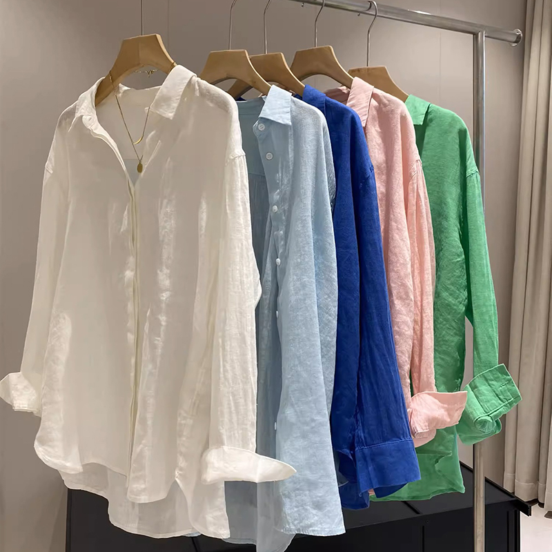 100%亞麻寬鬆透氣鬆弛輪廓休閒襯衫（4色）