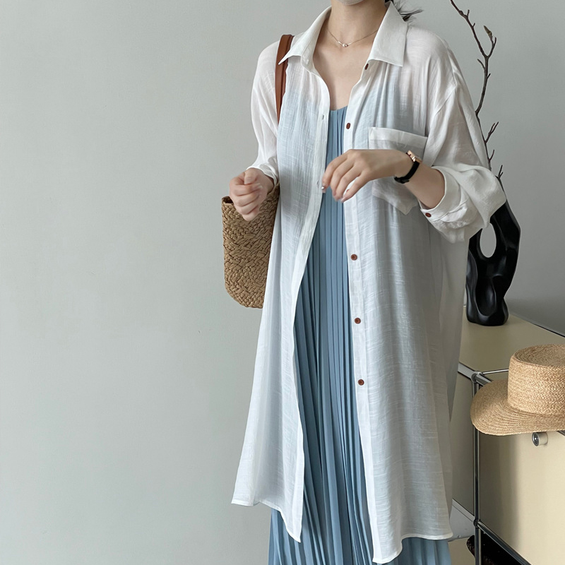 法式慵懶風寬鬆翻領微透長防曬開襟衫